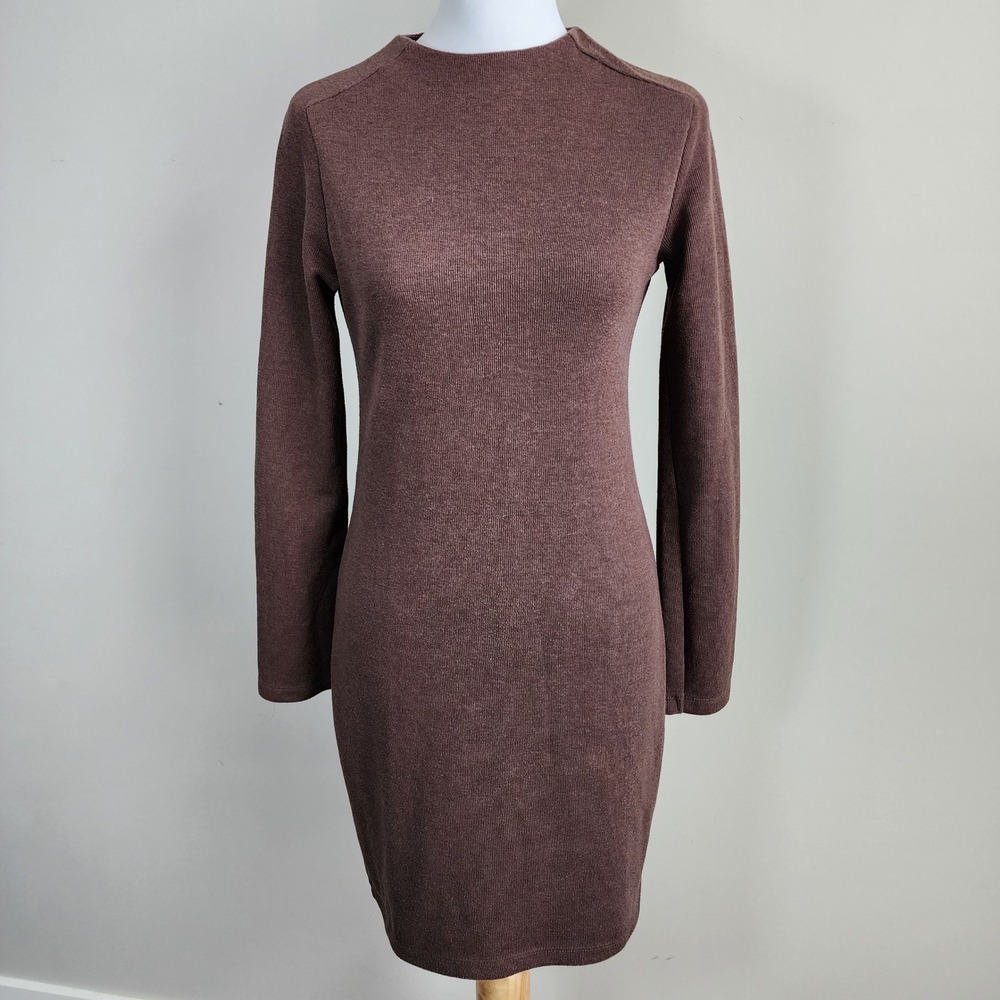 Zara Knit Long Sleeve Sheath Dress Womens Medium Brown Ribbed Casual Fall Cotton